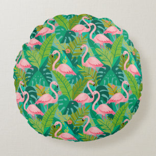 Coussins Ronds Flamants roses tropicaux Feuillage de la jungle