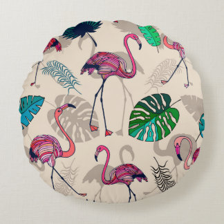 Coussins Ronds flamigos roses et feuilles tropicaux sans couture
