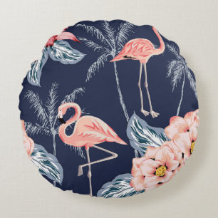 Coussins Ronds Flamingo rose, palmiers, rose, fleur d'orchidées,