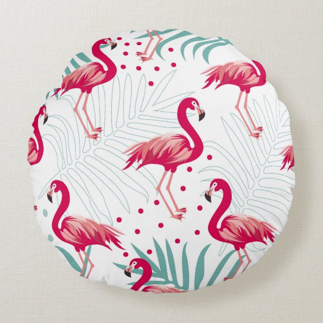 Coussins Ronds Flamingo tropical et feuille, motif d'été. (Devant)