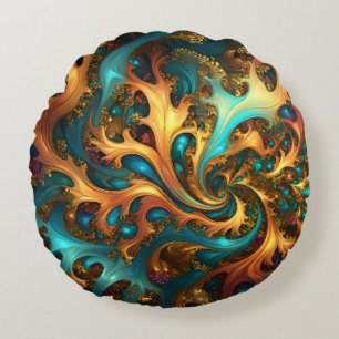 Coussins Ronds Flammes Abstraites or Turquoise orange,