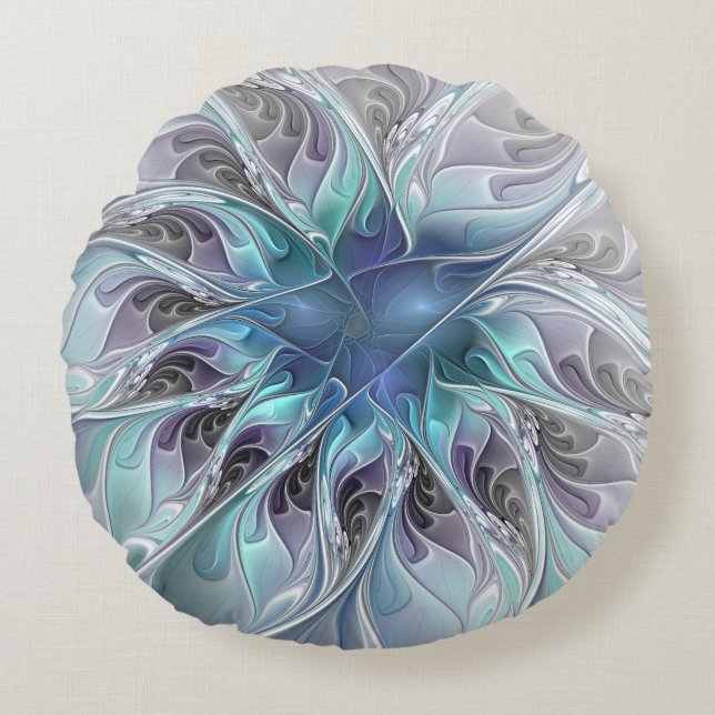 Coussins Ronds Fleur Abstraite Fractale Moderne Avec Bleu (Devant)