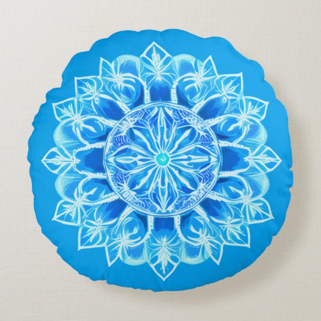 Coussins Ronds Fleur Batik Mandala en Turquoise (Devant)