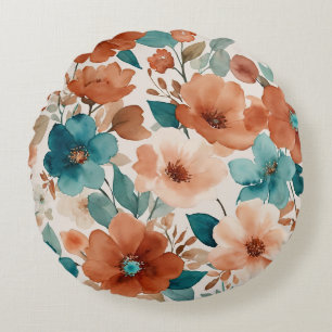 Coussins Ronds Fleur beige, turquoise et rouille