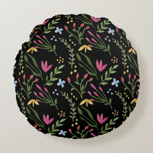 Coussins Ronds Fleur botanique noire de fleur sauvage à l'aquarel