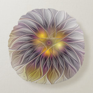 Coussins Ronds Fleur colorée lumineuse, fractale moderne abstrait