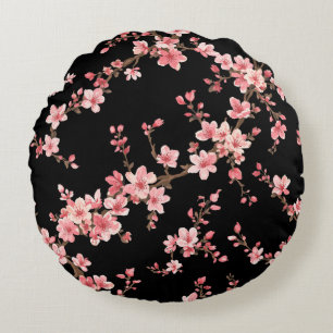 Coussins Ronds Fleur de cerisier japonais Floral Blush Rose Noir