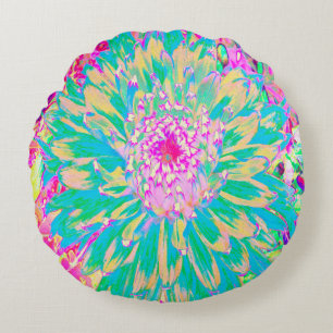 Coussins Ronds Fleur de Dahlia Décorative Vert Turquoise et Rose