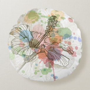 Coussins Ronds Fleur de ketmie et arrière - plan d'aquarelle