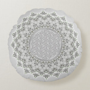 Coussins Ronds Fleur de la vie - Fractal Mandala gris vert