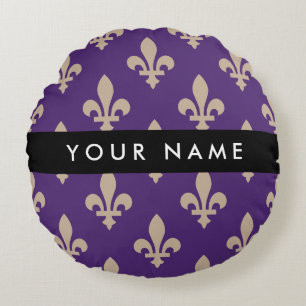 Coussins Ronds Fleur de Lis, Beige sur Violet, Royal, Votre Nom