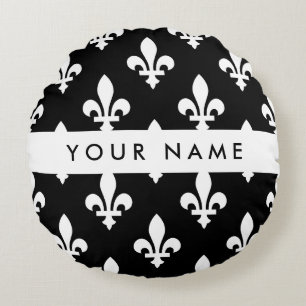 Coussins Ronds Fleur de Lis, Blanc sur Noir, Blanc, Votre Nom