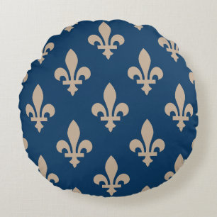 Coussins Ronds Fleur de Lis Motif, Royal French, Crème sur Blue