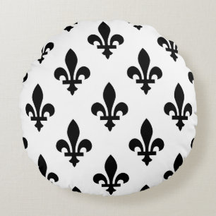 Coussins Ronds Fleur de Lis Motif, Royal French, Noir sur Blanc