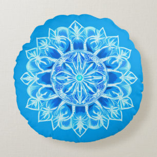Coussins Ronds Fleur de mandala batik en turquoise