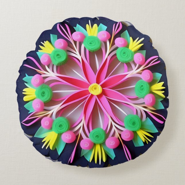 Coussins Ronds Fleur de Mandala Colorée (Devant)