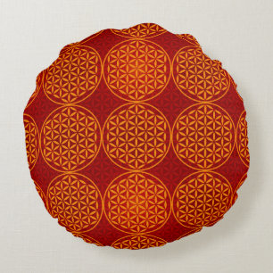 Coussins Ronds Fleur de vie - motif de timbre - orange rouge