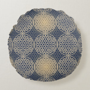 Coussins Ronds Fleur de vie - motif de timbre - sable bleu