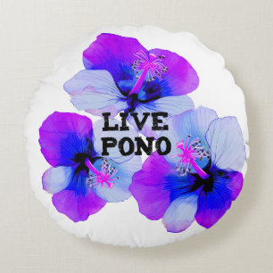 Coussins Ronds Fleur d'Hibiscus Hawaïen Violet Bleu Pono en vie