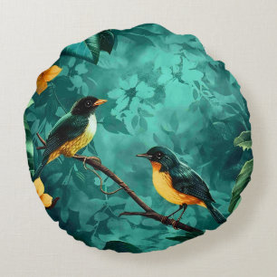 Coussins Ronds Fleur jaune et oiseau motif vintage forêt