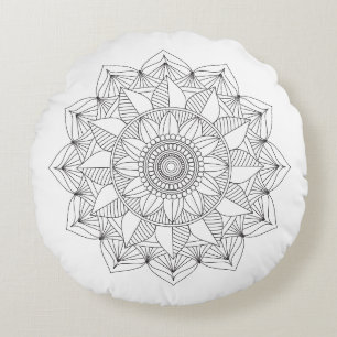 Coussins Ronds Fleur Mandala noir et blanc v1
