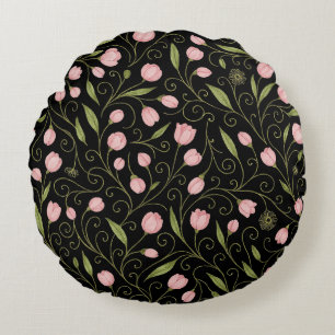 Coussins Ronds Fleur mignonne, rose sur noir avec motif répétitif