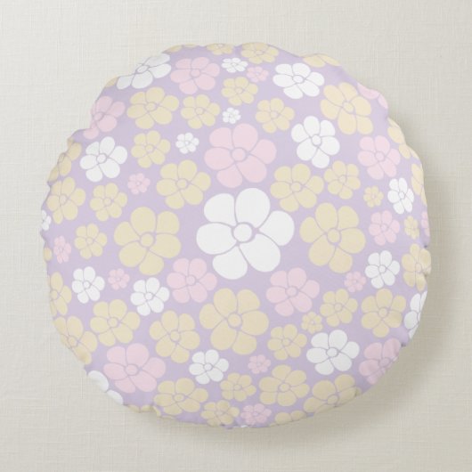 Coussins Ronds Fleur Motif - Pastel rose, jaune et violet (Devant)