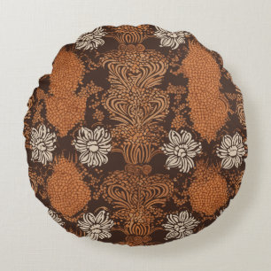 Coussins Ronds Fleur rétro damassée marron et orange brûlé