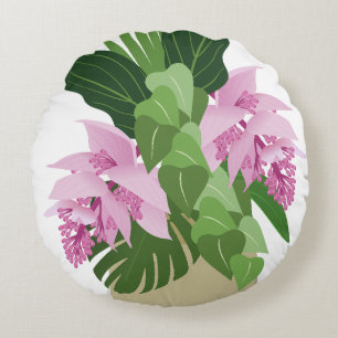 Coussins Ronds Fleur rose de Medinilla tropicale sur blanc