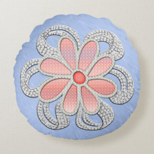 Coussins Ronds Fleur rose et diamant sur Blue Moiré