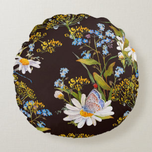 Coussins Ronds Fleur sauvage : aquarelle arrière - plan noire