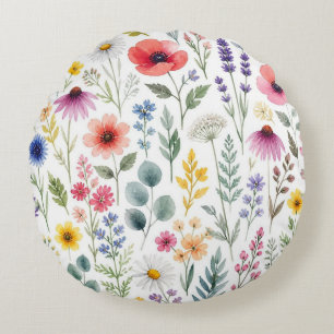 Coussins Ronds Fleur Sauvage Aquarelle Prairie Botanique Florale