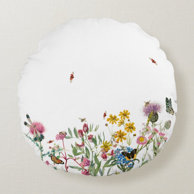 Coussins Ronds Fleur sauvage d'aquarelle Insectes Floral Spring G (Devant)