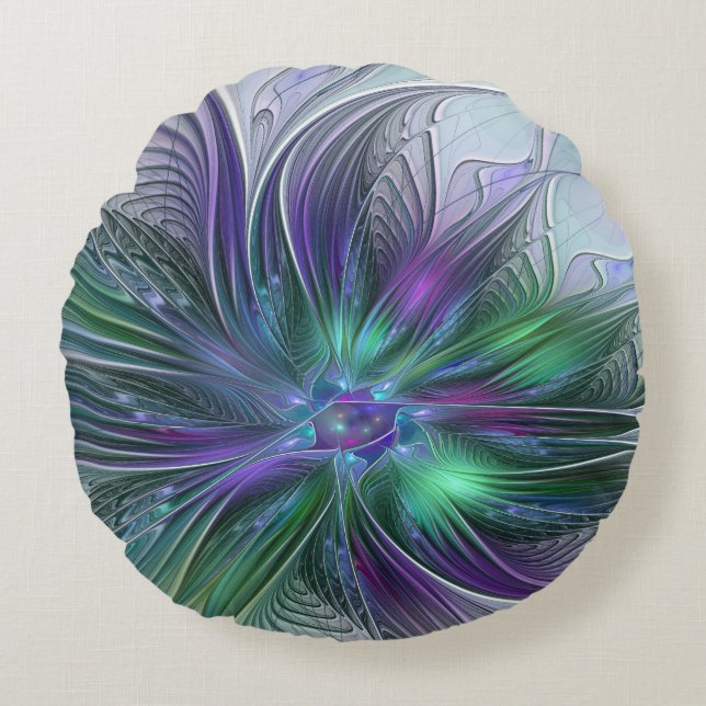 Coussins Ronds Fleur verte abstraite moderne fractale violette (Devant)