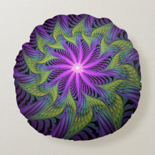 Coussins Ronds Fleur verte violette Art abstrait fractal moderne