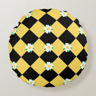 Coussins Ronds Fleurs à carreaux jaune blanc et noir