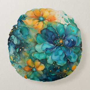 Coussins Ronds Fleurs abstraites bleu vert turquoise or orange