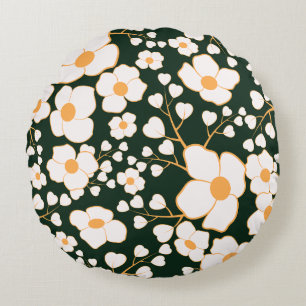 Coussins Ronds Fleurs blanches centrées de jaune et fond vert