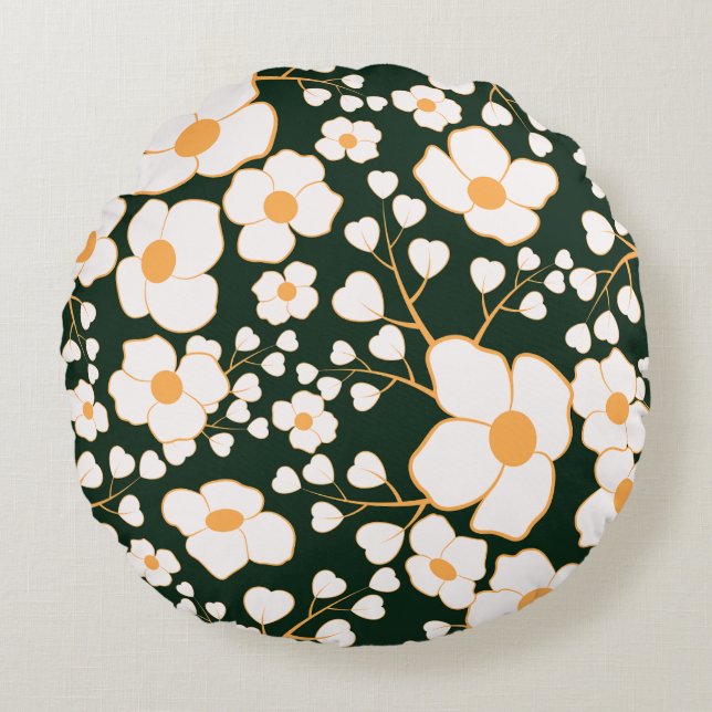 Coussins Ronds Fleurs blanches centrées de jaune et fond vert (Devant)