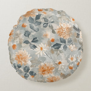 Coussins Ronds Fleurs blanches orange feuilles bleues