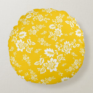 Coussins Ronds Fleurs blanches sur fond jaune de printemps