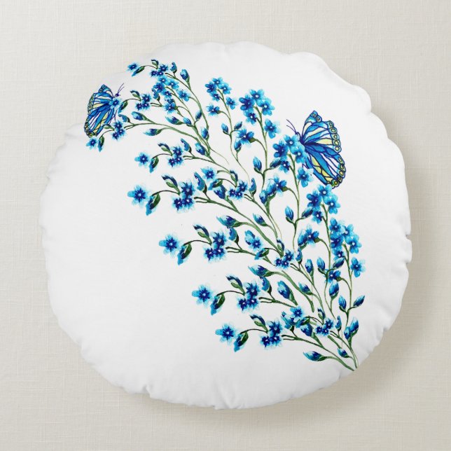 Coussins Ronds Fleurs bleues délicates avec papillon (Devant)
