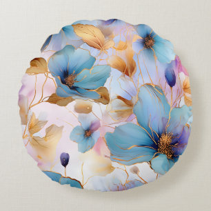 Coussins Ronds Fleurs bleues éthérées dans les pastels doux Encre