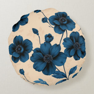 Coussins Ronds Fleurs bleues victoriennes sur oreiller fond beige