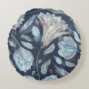 Coussins Ronds Fleurs Boho Chic : Aquarelle bleu foncé P