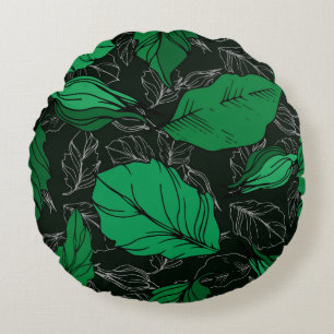 Coussins Ronds  Fleurs botaniques florales roses. Feuilles de pri