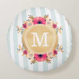 Coussins Ronds Fleurs d'aquarelle à la menthe Faux or Monogramme
