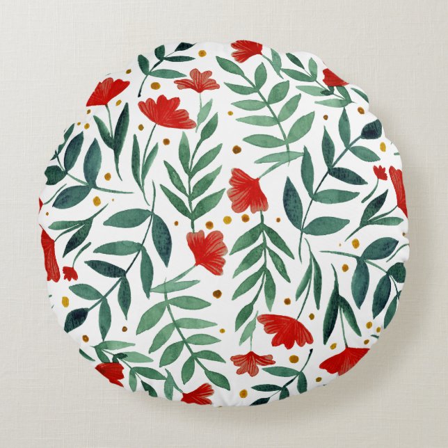 Coussins Ronds Fleurs d'aquarelle de jardin magiques en rouge et  (Devant)