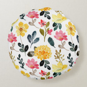 Coussins Ronds Fleurs d'aquarelle rose et jaune