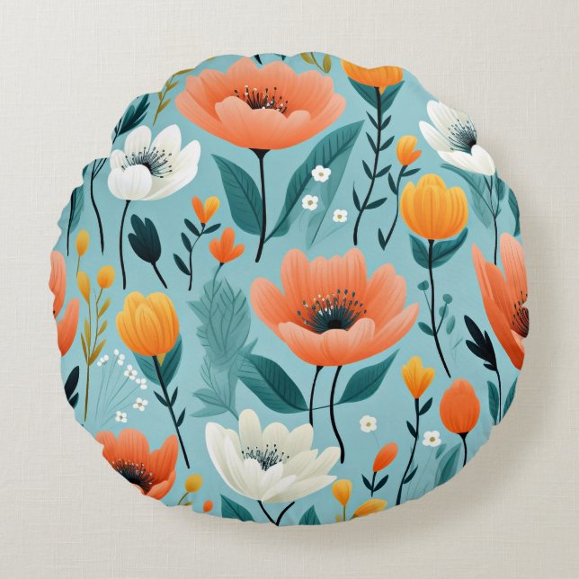 Coussins Ronds fleurs d'art coloré-aqua, blanc, pêche, jaune, (Devant)